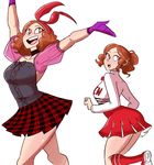  alternate_costume blush brown_eyes brown_hair cheerleader choker commentary gloves hair_ribbon no_legwear okumura_haru persona persona_5 persona_5:_dancing_star_night persona_dancing plaid plaid_skirt purple_gloves red_legwear red_ribbon ribbon scruffyturtles short_hair skirt socks 