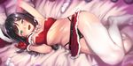  absurdres arm_up armpits bandeau bare_shoulders bed_sheet black_hair black_panties blue_eyes breasts christmas commentary full_body fur_trim gloves h_kasei hand_up hat highres long_hair looking_at_viewer lying midriff navel on_back original panties red_gloves red_skirt santa_hat shiny shiny_hair skirt small_breasts smile solo thighhighs thighs underwear white_legwear 