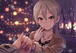  black_eyes blurry blurry_background blush brown_jacket christmas christmas_tree commentary_request earrings grey_hair hair_between_eyes holding_hands idolmaster idolmaster_cinderella_girls jacket jewelry kusano_shinta necklace outdoors shiomi_shuuko short_hair smile snow snowing 