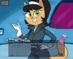 2025 anthro clothing dated dbaru dialogue dialogue_box domestic_cat english_text fake_game fake_screencap felid feline felis female fur gameplay_mechanics gloves green_eyes hand_on_hip handwear kitty_katswell mammal nickelodeon open_mouth open_smile smile solo t.u.f.f._puppy talking_to_viewer tan_body tan_fur text