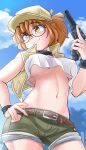  1girl absurdres belt black_choker blue_sky breasts brown_belt brown_eyes brown_hair brown_hat brown_vest choker closed_mouth commentary covered_nipples cowboy_shot crop_top day english_commentary field_cap fio_germi glasses green_shorts gun hand_on_own_hip handgun hat highres holding holding_gun holding_weapon laz_gm looking_to_the_side medium_breasts metal_slug navel paid_reward_available round_eyewear short_shorts shorts sky smile solo stomach tank_top trigger_discipline underboob vest weapon white_tank_top wristband 