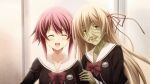  2girls aged_up bags_under_eyes black_dress black_jacket black_trim bow breasts chaos;child chaos_child_syndrome chest_bow closed_eyes collarbone colored_skin cropped_jacket dot_nose dress ears_visible_through_hair emaciated facing_viewer game_cg green_skin hair_between_eyes hair_ribbon hand_on_another&#039;s_arm happy hekiho_academy hekiho_academy_uniform highres jacket kurusu_nono leaning_on_person long_hair long_sleeves looking_at_viewer medium_breasts multiple_girls official_art old old_woman onoe_serika open_mouth orange_hair pink_hair pink_lips purple_eyes red_ribbon ribbon sailor_collar sailor_shirt sasaki_mutsumi school_uniform shiny_lips shirt short_hair short_hair_with_long_locks sidelocks skinny smile swept_bangs tongue white_sailor_collar white_trim wrinkled_skin 