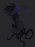 3_tails ahoge ambiguous_gender black_body black_pawpads black_sclera black_text black_tuft blush blush_lines covering covering_self dark_body displeased english_text feral goo_creature hair hi_res keshunya looking_at_viewer multi_tail neck_tuft pawpads paws pupils purple_blush purple_pupils purple_text small_pupils solo tail text tuft