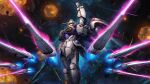  absurdres arm_up beam_cannon company_name copyright_notice energy_beam engage_zero_yonghwavin explosion firing funnels_(gundam) gundam gundam_battle_operation_2 gundam_engage_zero gundam_u.c._engage highres machinery mecha mecha_focus mobile_suit no_humans official_art painting_(medium) realistic robot scan science_fiction solo space sunrise_(company) tenjin_hidetaka thrusters traditional_media v-fin yellow_eyes zero_gravity 