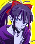  1girl antenna_hair black_mask blue_eyes blush bow chromatic_aberration colored_skin commentary creepypasta english_commentary from_above glasgow_smile grin hair_between_eyes hair_bow hand_up high_ponytail highres hood hood_down hoodie long_hair looking_at_viewer mask mask_pull mouth_mask multicolored_hair nina_the_killer nocturnalsky ponytail portrait purple_hoodie red_bow sidelocks simple_background smile solo streaked_hair two-tone_hair white_skin wide-eyed yellow_background 