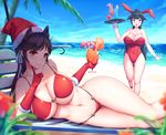  alternate_costume animal_ears ass_visible_through_thighs atago_(azur_lane) azur_lane bangs bare_legs bare_shoulders beach bikini black_hair blue_sky blunt_bangs blurry blurry_foreground blush breasts brown_eyes bunny_ears bunny_girl bunnysuit cleavage closed_mouth cocktail cocktail_glass collarbone cup day deck_chair depth_of_field drinking_glass elbow_gloves eyebrows_visible_through_hair fake_animal_ears flipped_hair food fruit fur-trimmed_gloves fur-trimmed_hat fur_trim gloves hair_ribbon hat high_ponytail holding holding_cup holding_tray horizon index_finger_raised kongeraatio large_breasts leg_up leotard long_hair looking_at_viewer lying multiple_girls navel ocean on_side orange orange_slice palm_tree red_bikini red_gloves red_hat red_leotard ribbon santa_hat shiny shiny_skin sky smile standing standing_on_one_leg star stomach straight_hair strapless strapless_leotard swimsuit takao_(azur_lane) thigh_gap thighs tray tree tropical_drink underboob very_long_hair water white_ribbon wrist_cuffs 