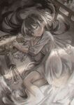  1girl art_brush black_hair canvas_(object) commentary_request dress easel feet_out_of_frame film_grain grey_eyes hair_between_eyes hair_spread_out highres long_hair long_sleeves looking_at_viewer lying marutani on_side original paint_palette paint_tube paintbrush palette_knife parted_lips solo white_dress 