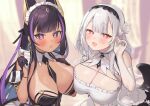  +_+ 2girls animal_ears azur_lane between_breasts black_gloves blush breast_press breasts cleavage cleopatra_(azur_lane) dark-skinned_female dark_skin detached_collar dress elbow_gloves gloves half_gloves jackal_ears jackal_girl large_breasts looking_at_viewer multiple_girls necktie necktie_between_breasts open_mouth purple_eyes purple_hair purple_streaks red_eyes scylla_(azur_lane) symmetrical_docking tan upper_body white_dress white_gloves white_hair yagimakaron 