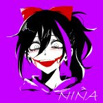  1girl :d bags_under_eyes blood blood_from_mouth bow character_name commentary creepypasta cropped_shoulders double-parted_bangs downturned_eyes english_commentary glasgow_smile hair_between_eyes hair_bow high_contrast high_ponytail hood hood_down long_hair looking_at_viewer multicolored_hair nina_the_killer nocturnalsky open_mouth ponytail purple_background purple_hair red_bow simple_background smile solo streaked_hair teeth two-tone_hair upper_teeth_only 