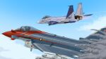  1boy 1other ace_combat ace_combat_zero aerial_battle afterburner aircraft airplane battle blue_sky canards canopy_(aircraft) cipher_(ace_combat) cockpit contrail day debris dogfight english_commentary eurofighter_typhoon f-15_eagle fighter_jet flight_suit helmet highres kevincipher military_vehicle pilot pilot_helmet roundel sky smoke vehicle_focus 