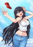  :o aokihoshi ayukawa_madoka black_hair blue_background blue_eyes blue_pants breasts cleavage cloud day denim hat hat_removed headwear_removed jeans kimagure_orange_road long_hair midriff navel open_mouth outdoors pants red_hat sky solo sun_hat tank_top tsuru_hiromi white_tank_top 