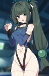  1girl absurdres bare_shoulders blue_leotard blush braid breasts choker cuffs detached_sleeves green_eyes green_hair hair_ribbon handcuffs highleg highleg_leotard highres leotard long_hair looking_at_viewer navel open_mouth qingyi_(zenless_zone_zero) ribbon sidelocks small_breasts smile solo thighs twin_braids twintails w.k zenless_zone_zero 