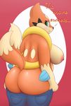  2017 anthro areola big_butt blush breasts butt clothing dialogue english_text fangs female floatzel hi_res jeans multi_tail nintendo nipples pandashorts pants pok&eacute;mon pok&eacute;mon_(species) rear_view slightly_chubby solo text video_games 