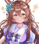  1girl ahoge animal_ears bangs bow bowtie braid brown_eyes brown_hair commentary ear_bow ear_ornament eyebrows_visible_through_hair green_bow hair_between_eyes highres horse_ears horse_girl horseshoe_ornament kaku_yone long_hair looking_at_viewer mejiro_bright_(umamusume) puffy_short_sleeves puffy_sleeves purple_bow purple_bowtie purple_shirt sailor_collar sailor_shirt school_uniform shirt short_sleeves solo summer_uniform tracen_school_uniform umamusume 