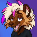 1:1 brown_body brown_fur canine_teeth fangs female fur hair hi_res hyena mammal pink_eyes sharp_teeth smile smiling_at_viewer snout teeth tongue trevor-fox white_hair