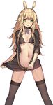  antennae ass_visible_through_thighs azur_lane bad_id bad_pixiv_id bangs bikini black_bikini black_legwear blonde_hair breasts cleavage collar curly_hair green_eyes grey_legwear highres jacket legs_apart long_hair medium_breasts navel no_panties open_mouth simple_background solo standing stomach swimsuit thighhighs undressing unzipping wasp_(azur_lane) weiyinji_xsk white_background 