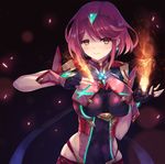  blush breasts covered_navel earrings fingerless_gloves fire gloves hair_ornament hinot homura_(xenoblade_2) jewelry large_breasts looking_at_viewer red_eyes red_hair short_hair simple_background smile solo tiara xenoblade_(series) xenoblade_2 