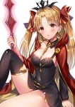  :o aozora_nan bangs between_breasts black_dress blonde_hair blush bow breasts dress earrings ereshkigal_(fate/grand_order) fate/grand_order fate_(series) highres hips holding holding_weapon jewelry large_breasts long_hair looking_at_viewer open_mouth red_bow red_eyes ribbon simple_background single_thighhigh solo thighhighs weapon white_background 