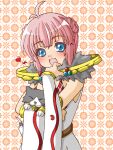  1girl animal antenna_hair argyle_clothes argyle_dress blue_eyes blush cat commentary_request detached_sleeves double_bun dress fur_collar hair_bun heart holding holding_animal holding_cat looking_at_viewer monou0135 open_mouth orange_background patterned_background pink_hair ragnarok_online short_hair sleeveless sleeveless_dress smile solo sorcerer_(ragnarok_online) upper_body white_dress white_sleeves 