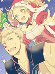  1girl absurdres bare_shoulders blonde_hair blue_eyes blush christmas dress eudes_(fire_emblem) fire_emblem fire_emblem:_kakusei fire_emblem_heroes fur_trim gloves hair_ornament hat highres liz_(fire_emblem) long_hair mother_and_son nishimura_(nianiamu) open_mouth santa_costume santa_hat short_hair short_twintails smile twintails 