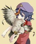  bird biting blood blue_eyes blue_hair blue_hat chicken commentary_request feathers hat highres miyako_yoshika ofuda outstretched_arms rooster shika_miso simple_background solo star touhou upper_body yellow_background 