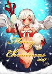  absurdres altera_(fate) altera_the_santa bangs bare_shoulders blush breasts choker commentary_request dark_skin detached_sleeves earmuffs fate/grand_order fate_(series) highres looking_at_viewer megane_gohan mittens navel open_mouth red_choker red_eyes sheep short_hair small_breasts solo underwear veil white_hair 