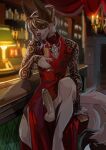 anthro armwear asian_clothing balls bar big_ears bodily_fluids canid canine canis champagne_glass chinese_clothing chinese_dress clothed clothing container crossdressing cup domestic_dog dress drinking_glass dripping east_asian_clothing erection fishnet_armwear fishnet_clothing foreskin genital_fluids genitals glass glass_container glass_cup green_eyes humanoid_genitalia humanoid_penis inside kammi-lu looking_at_viewer male mammal penis precum precum_drip red_clothing red_dress sitting_on_stool smile solo tail