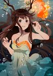  air_bubble antlers artist_name blush brown_eyes brown_hair bubble commentary commission deviantart_username dress fish goldfish green_dress hetiru highres leaf long_hair looking_at_viewer no_pupils open_mouth original sleeveless sleeveless_dress solo strapless strapless_dress submerged underwater water watermark web_address 