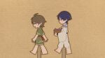  2boys absurdres ahoge armor arms_at_sides barefoot basket black_sash blunt_ends brown_hair brown_outline cardboard cardboard_cutout closed_eyes clothing_cutout facing_to_the_side feathers genshin_impact green_kimono green_shorts green_sleeves highres holding holding_basket japanese_armor japanese_clothes kariginu kimono kote kurokote lavender_melon_(genshin_impact) long_sleeves looking_at_another looking_to_the_side miaoyeza233 mid-stride multicolored_hair multiple_boys open_hands outline pants pom_pom_(clothes) purple_eyes purple_hair purple_kimono purple_sleeves red_sash sash scaramouche&#039;s_sickly_friend_(genshin_impact) scaramouche_(genshin_impact) scaramouche_(kabukimono)_(genshin_impact) short_sleeves shorts shoulder_cutout streaked_hair string walking white_pants white_sleeves white_trim wide_sleeves yellow_feathers 