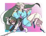  2boys :q a_p_wbx aged_down arrow_(projectile) axis_powers_hetalia blonde_hair blue_tunic boots border bow bow_(weapon) child clenched_teeth cloak france_(hetalia) green_cloak green_eyes hair_bow highres holding holding_arrow holding_bow_(weapon) holding_weapon licking_lips male_focus medium_hair multiple_boys pants pink_background purple_eyes quiver shirt shoes short_hair teeth thick_eyebrows tongue tongue_out tunic united_kingdom_(hetalia) weapon white_border 