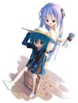  2girls absurdres ap04astral belt black_belt black_bow black_jacket black_shorts blue_eyes blue_hair blue_shirt bow brick_floor comedic_sweatdrop denim denim_shorts dress_shirt falling_leaves green_eyes hat highres hiiragi_kagami izumi_konata jacket leaf lucky_star mole mole_under_eye multiple_girls phone purple_hair ribbed_shirt ribbon rolling_suitcase shirt shorts sitting smile suitcase sun_hat twintails white_background white_sneakers yellow_bow yellow_ribbon 