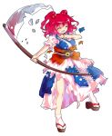  1girl :d ^_^ black_sandals blue_dress blush brown_sash closed_eyes commentary_request dairi dress full_body hair_bobbles hair_ornament highres holding holding_scythe large_variant_set obi okobo onozuka_komachi open_mouth platform_sandals red_hair sandals sash scythe short_hair short_sleeves smile socks solo standing sweatdrop tabi tachi-e torn_clothes torn_dress touhou two_side_up variant_set white_socks 