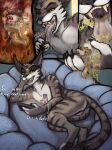 acid_burns acidic ambiguous_gender anthro bodily_fluids brown_eyes cid_(acidic) cutaway disgust domestic_cat drooling duo electronics endoscope felid feline felis female_(lore) fur green_eyes grey_body grey_fur hi_res holding_another holding_object holding_phone inside_stomach lying male mammal mouse murid murine nude on_side open_mouth phone rodent saliva saliva_string sitting size_difference stomach_acid striped_body striped_fur stripes vomit vomiting vore white_body white_fur yellow_sclera