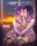  blue_hair blush closed_eyes dokidoki!_precure fingering french_kiss heart hishikawa_rikka kenzaki_makoto kiss long_hair multiple_girls mutual_masturbation negom open_mouth panties panty_pull precure purple_eyes purple_hair purple_panties school_uniform short_hair sitting spoken_heart sunset sweat tongue tongue_out underwear white_panties yuri 