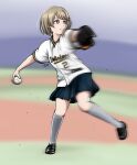  1girl artist_name ball baseball baseball_(object) baseball_mitt baseball_stadium baseball_uniform black_shoes black_skirt blurry blurry_background blush bokeh brown_hair closed_mouth depth_of_field from_side full_body grey_socks hair_ornament highres holding holding_ball kneehighs leg_up looking_afar love_live! love_live!_nijigasaki_high_school_idol_club motion_blur nakasu_kasumi noochan_chonoda orix_buffaloes pitching playing_sports pleated_skirt red_eyes serious shirt shoes short_hair short_sleeves signature skirt socks sportswear standing standing_on_one_leg white_shirt 