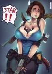  1boy 1girl between_breasts black_gloves blue_pants blue_shirt breasts brown_hair elbow_pads fingerless_gloves gloves gun gun_on_back holding holding_gun holding_weapon jill_valentine kachima large_breasts nemesis_(resident_evil) pants police_badge resident_evil resident_evil_3:_nemesis resident_evil_3_(remake) shirt short_hair shotgun signature single_elbow_pad smile speech_bubble sweatdrop weapon weapon_on_back 