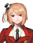  1boy axis_powers_hetalia blonde_hair collared_shirt fang hat highres jacket kaminai404 male_focus mini_hat mini_top_hat necktie red_eyes romania_(hetalia) shirt short_hair simple_background smile solo top_hat upper_body white_background white_shirt 