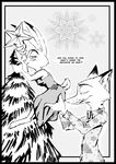  2017 anthro black_border blush border canine carrying christmas christmas_tree clothed clothing dialogue dipstick_ears disney dress duo english_text female fox greyscale hand_on_butt holding_object holidays holly_(plant) judy_hopps lagomorph licking licking_lips looking_back male mammal monochrome nick_wilde pattern_background plant rabbit side_view simple_background smile snowflake star text thewyvernsweaver tongue tongue_out tree zootopia 