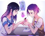  blue_eyes blue_hair blue_nails closed_mouth dokidoki!_precure dress embarrassed gradient gradient_background heart hishikawa_rikka kenzaki_makoto long_hair looking_at_another multiple_girls nail_polish nail_polish_bottle negom painting_nails pink_nails precure purple_eyes purple_hair sailor_dress short_hair short_sleeves thought_bubble translation_request white_background yuri 