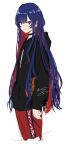  1girl alternate_costume arms_at_sides black_choker black_hoodie blue_eyes blue_hair choker closed_mouth colored_inner_hair cropped_legs from_side hair_down highres hood hood_down hoodie isshiki_(ffmania7) kamitsubaki_studio long_hair long_sleeves looking_at_viewer looking_to_the_side multicolored_eyes multicolored_hair pants red_eyes red_hair red_pants rim_(kamitsubaki_studio) signature simple_background smile solo standing virtual_youtuber white_background 
