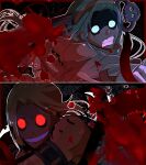  1boy 1girl a.b.a absurdres aqua_hair bare_shoulders blonde_hair blood cattedawn clenched_teeth commentary dark-skinned_male dark_skin english_commentary evil_grin evil_smile grin guilty_gear guilty_gear_strive hairband highres key_in_head long_hair object_through_head paracelsus_(guilty_gear) sharp_teeth short_hair smile solid_circle_eyes split_screen teeth variant_set white_hairband 