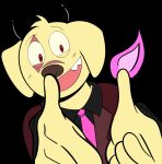 2025 2_horns anthro beargarbage bird_dog black_clothing black_horn black_shirt black_topwear blonde_hair brown_clothing brown_nose brown_suit brown_topwear canid canine canis clothed clothing demon digital_media_(artwork) domestic_dog double_finger_gun eye_markings fan_character finger_gun fire flaming_tail front_view fur gesture hair hand_gesture happy helluva_boss horn hunting_dog hybrid jack_kibou_(beargarbage) labrador looking_at_viewer male mammal markings necktie pink_necktie pink_tail pose red_eyes retriever shirt smile solo suit tail teeth tongue topwear yellow_body yellow_ears yellow_fur