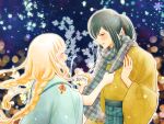  1boy 2girls :d adjusting_another&#039;s_clothes alternate_costume azu_rin_go blonde_hair blue_sky blush bokujou_monogatari bokujou_monogatari:_mittsu_no_sato_no_taisetsuna_tomodachi braid chinese_knot closed_eyes curly_sidelocks double-parted_bangs floating_hair green_hair green_hakama green_haori green_scarf hair_between_eyes hair_ribbon hakama haori hetero highres japanese_clothes kimono lens_flare long_hair long_sleeves looking_at_another low_twin_braids multiple_girls nanami_(bokujou_monogatari) night orange_eyes outline parted_lips plaid_clothes plaid_scarf ponytail raised_eyebrows red_ribbon ribbon scarf sidelocks sky smile snow snowflakes snowing twin_braids unmoving_pattern upper_body very_long_hair white_outline wide_sleeves winter yellow_kimono yuzuki_(bokujou_monogatari) 