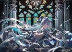  1girl black_bow black_bowtie black_dress black_halo black_thighhighs blue_gemstone bow bowtie breasts brooch chinese_commentary cleavage cleavage_cutout closed_mouth clothing_cutout colored_inner_hair commission curtained_hair demon_horns dress falling_petals gem gloves halo head_rest horns indoors jewelry light_smile long_hair long_sleeves looking_at_viewer multicolored_hair object_floating_above_hand original petals pillar pocket_watch puffy_long_sleeves puffy_sleeves shaded_face shiling single_glove solo spiked_halo stained_glass swept_bangs thighhighs two-tone_dress upper_body very_long_hair watch watermark weibo_watermark white_dress white_hair 