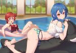  2girls absurdres ass barefoot bikini blue_eyes blue_hair breasts cleavage crossed_legs flower hair_bun hair_flower hair_ornament highres indoors inflatable_orca inflatable_raft inflatable_toy looking_at_another looking_at_viewer love_live! love_live!_superstar!! lying medium_breasts multiple_girls navel on_stomach red_eyes red_hair short_hair stomach swimsuit thighs wakana_shiki water window yoneme_mei yzlkun 