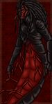  antennae arthropod black_body black_hair clothed clothing hair helllemur male millipede multi_limb partially_clothed pattern_background red_body simple_background solo standing taur 