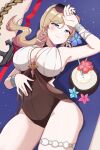  1girl absurdres anchor azur_lane bare_shoulders blonde_hair blue_eyes blush bracelet breasts cleavage coconut_cup commission cowboy_shot earrings english_commentary erushira eyewear_on_head flower hair_flower hair_ornament hand_on_own_forehead hand_on_own_stomach highres hood_(azur_lane) hood_(lady_of_the_shining_sun)_(azur_lane) jewelry large_breasts long_hair lying necklace official_alternate_costume on_back outdoors ring smile sunglasses swimsuit thigh_strap vgen_commission wedding_ring 