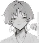  1boy art_program_in_frame ayu_kawa blunt_ends closed_mouth collarbone earrings genshin_impact greyscale hair_intakes highres japanese_clothes jewelry kimono looking_at_viewer lower_eyelashes_only male_focus monochrome portrait scaramouche_(genshin_impact) sketch smile solo tsurime wispy_bangs 