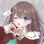  1girl ;d argyle_background blush brown_dress brown_hair chibi chibi_inset closed_eyes commentary_request dress fujishima_megumi grey_background hasu_no_sora_school_uniform heart heart_hands heart_in_heart_hands highres link!_like!_love_live! long_sleeves looking_at_viewer love_live! mochi_(rnochitan) one_eye_closed parted_lips purple_eyes sailor_collar sailor_dress school_uniform smile translation_request two_side_up u_u virtual_youtuber white_sailor_collar winter_uniform 