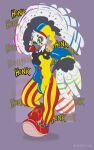 5:8 avian bell bird clothing clown feathered_wings feathers hi_res hypnosis hypnotic_eyes latex latex_clothing mid_transformation mind_control red_nose symrea transformation wings